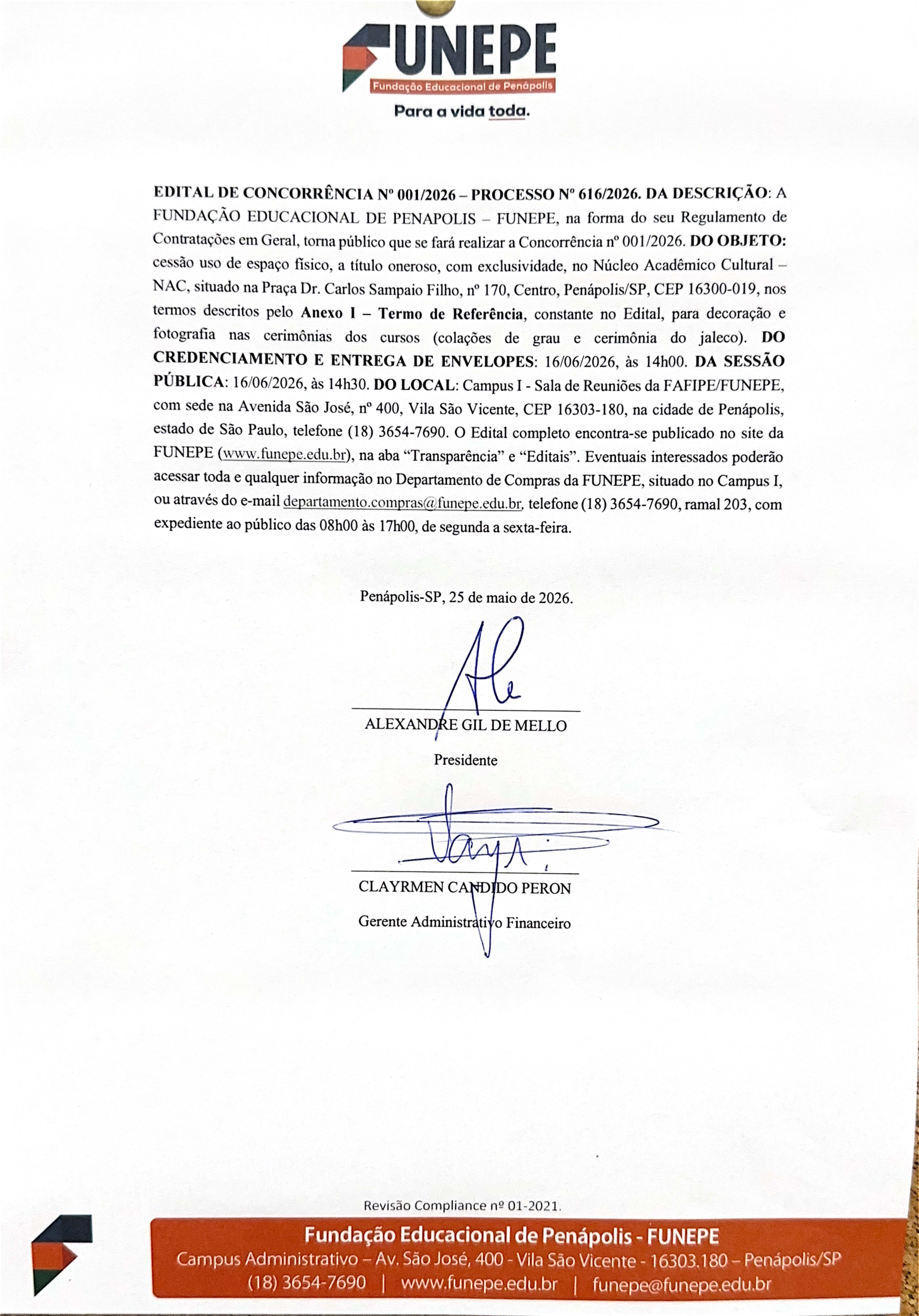 Edital de Concorrência - nº 001/2026 - Processo 616/2026